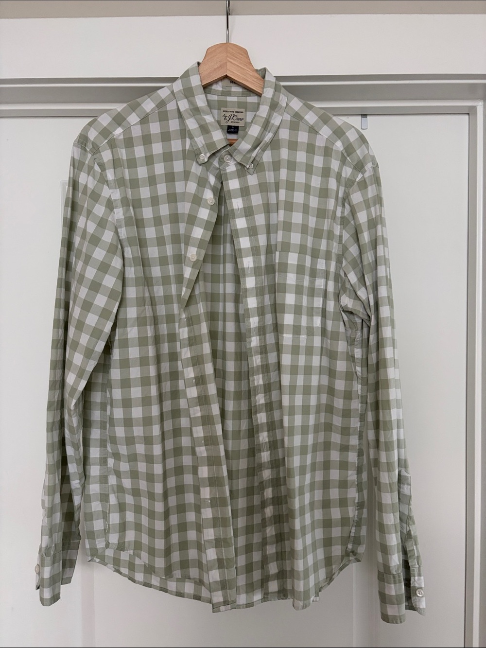J. Crew Men's Sage Green and White Gingham Button-Down Shirt